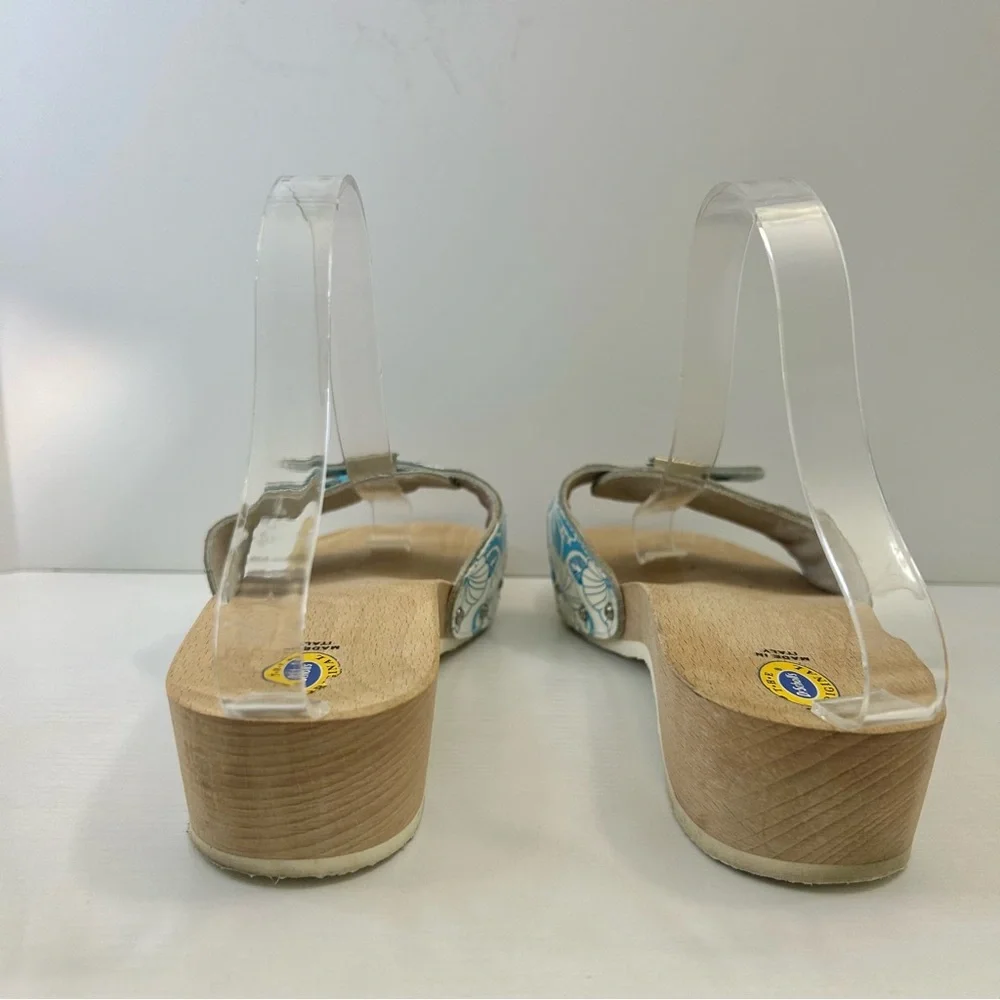 Dr Scholl’s Vintage Blue & White Hawaiian Hibiscus Silver Buckle Sandal Size 10 - Picture 4 of 14